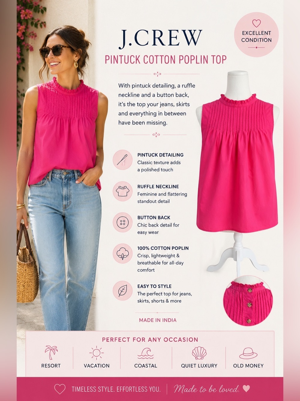 J.Crew Pintuck Cotton Poplin Top M Pink Ruffle Neck Sleeveless Resort Summer